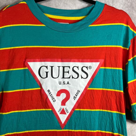 Vintage Guess Shirt Mens Medium Blue Orange‎ Striped Short Sleeve Crew Neck Y2K - Picture 1 of 9